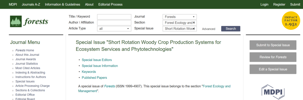 Screen capture of MDPI Forests Special Issue